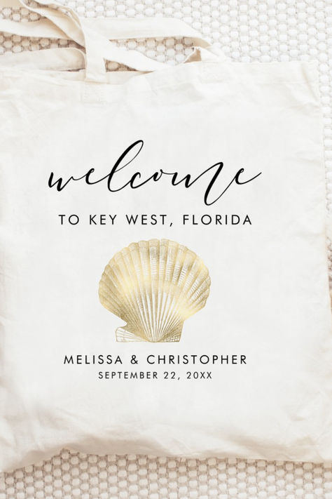 Welcome guests to your tropical beach wedding with this welcome bag featuring a gold shell. Scallop Seashell, Handwriting Script, Wedding Tote Bag, Customized Bridesmaid Gifts, Wedding Hotel, Wedding Themed, Bridesmaid Tote Bags, Wedding Tote, Wedding Location