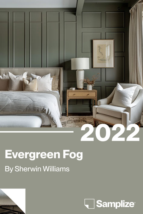 For a touch of drama that complements any style, try this 2022 color of the year. Real paint, no mess—use LUXEPIN10 for 10% off your order. @samplize #EvergreenFog #SherwinWilliams #COTY Green Colors Sherwin Williams, Evergreen Sherwin Williams, Sherwin Williams Evergreen Fog Cabinets, Evergreen Fog Living Room, Sherwin Williams Evergreen Fog, Evergreen Fog, 2022 Color Of The Year, Paint Sample, Dragons Breath