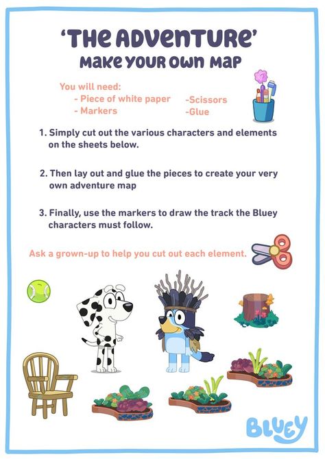 Make your very own adventure map like Bluey and Chloe! Outside Activities For Kids, Babysitting Crafts, Toddler Homeschool, Adventure Map, Outdoor Games For Kids, 2nd Birthday Party Themes, Art Birthday Party, Daycare Activities, Downloadable Templates