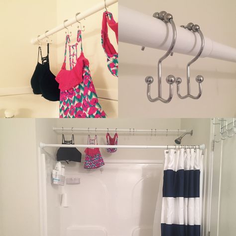 Bathing Suit Hanging Ideas, Ideas For Hanging Wet Bathing Suits, Hanging Pants With Shower Hooks, Bathing Suit Organization, Bathing Suit Storage Ideas, Short Shower Curtain Rod Hanging From The Ceiling, Camper Towel Drying Rack, Lake Shower Curtain, Cozy Cottage Kitchen