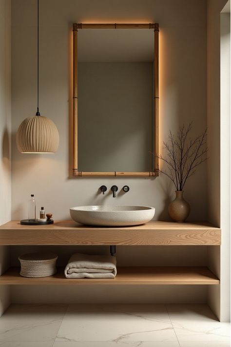 Tranquil Japanese-style bathroom featuring low wooden vanity and bamboo mirror Long Sink Bathroom, Japanese Bathroom Vanity, Minimalist Bathroom Vanity Ideas, Inbani Bathroom, Japanese Vanity, Diy Floating Vanity, Simple Bathroom Vanity, Bathroom Mirrors Ideas, Bathroom Vanity Diy