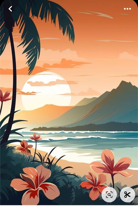 Tropical Design Graphic, Hawaiian Art Painting, Sunset Illustration Art, Hawaii Drawing, Hawaii Illustration, Hawaii Wallpaper, Crochet Flower Pot, Hawaii Painting, Hawaii Landscape