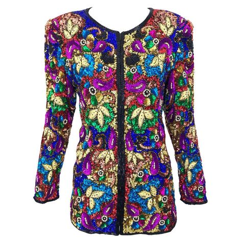 Vintage Swee Lo 1990s Fully Sequined Stained Glass Beaded Vintage Silk Jacket For Sale at 1stdibs Black Blazer Style, Bohemian Jackets, Short Sleeve Kimono, Sequin Jacket, Silk Jacket, Elegant Shirt, Kimono Fashion, Vintage Silk, Vintage Jeans