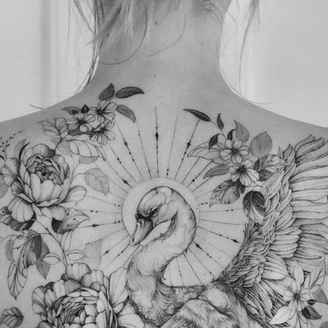 Zuza Polakowska • 𝒷ℴ𝓉𝒶𝓃𝒾𝒸𝒶𝓁 ✽ 𝒻𝒾𝓃ℯ 𝓁𝒾𝓃ℯ 𝒶𝓇𝓉 on Instagram: "Back piece for Kasia 🦢 ✨4 sessions✨ ✉️tattoo@zuzapolakowska.com" Flowers With Animals Tattoo, Back Tattoo Layout, Art Nouveau Back Tattoo, Fine Art Tattoos, Swan Back Tattoo, Art Back Tattoo, Mythical Creature Tattoo, Botanical Back Tattoo, Tattoo Swan