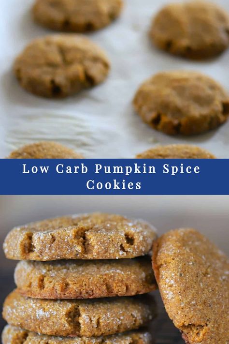 Low Carb Pumpkin Spice Cookies are super soft and full of all the warm pumpkin spice flavours like cinnamon, nutmeg, ginger and allspice. Cookie Low Calorie, Pumpkin Spice Cookie Recipe, Sugar Free Cookie Recipes, Ginger Spice Cookies, Pumpkin Muffins Easy, Pumpkin Spice Cheesecake, Pumpkin Cookie Recipe, Soft Cookies, Sugar Free Recipes Desserts