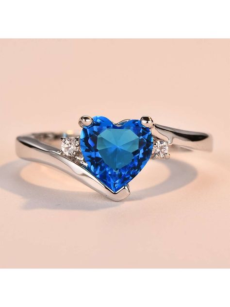 Blue Heart Ring, Heart Rings, Ring Female, Ring Settings Types, Opal Engagement, Zircon Ring, Engagement Bands, Solid Gold Jewelry, Girls Jewelry