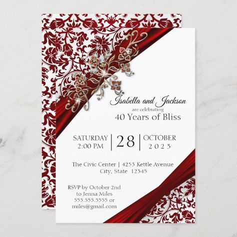 40th Ruby and White Floral Anniversary Design Invitation 40 Th Anniversary, Anniversary Design, Ruby Anniversary, Ruby Wedding Anniversary, Design Invitation, Ruby Wedding, White Damask, Anniversary Invitations, 40th Anniversary