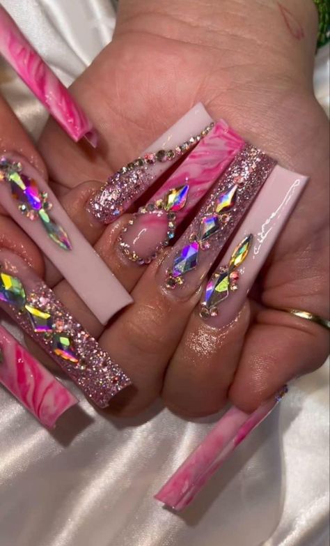 Pink Baddie Nails With Rhinestones, Birthday Bling Nails, Long Acrylic Nail Designs, Glow Nails, Exotic Nails, Long Acrylic Nails Coffin, Really Cute Nails, Acrylic Nails Coffin Pink, Long Acrylic