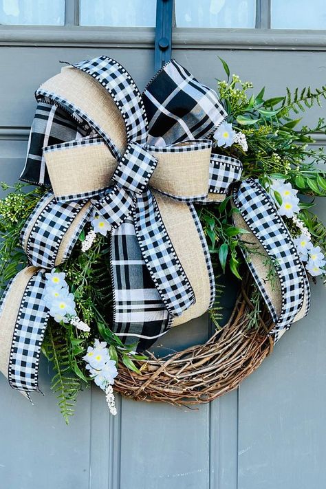 Round Front Door, Beauty In Black, Rustic Christmas Wreath, Greenery Decor, White Wreath, Buffalo Check Plaid, Plaid Bow, Wreath Bow, Front Door Wreath