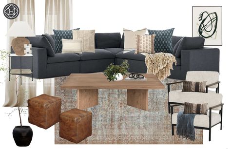 Smokey Grey Couch Living Room Ideas, Gunmetal Couch Living Rooms, Airy Organic Modern Living Room, Charcoal Gray Couch Living Room, Dark Wood Living Room, Havenly Living Room, Blue Couch, Grey Couch Living Room, Living Room Decor Gray