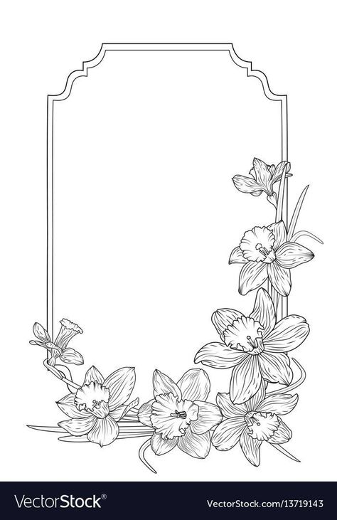 Frame Design Black And White, Floral Border Black And White, Daffodil Border Designs, Flower Edge Border Drawing, Border Coloring Pages, Frame Border Design Black And White, Corner Paper Design, Border Illustration Frames, Paper Corner Designs