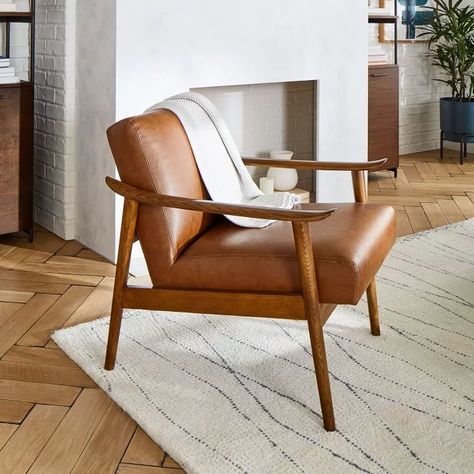 For Happy Hour: Mid-Century Bar Cart | Best West Elm Furniture on Sale 2021 | POPSUGAR Home Photo 2 Brown Leather Accent Chair, Midcentury Armchair, Leather Wood Chair, Century Bed, Midcentury Chair, Brown Leather Chairs, Brown Leather Armchair, Curved Chair, Leather Chairs