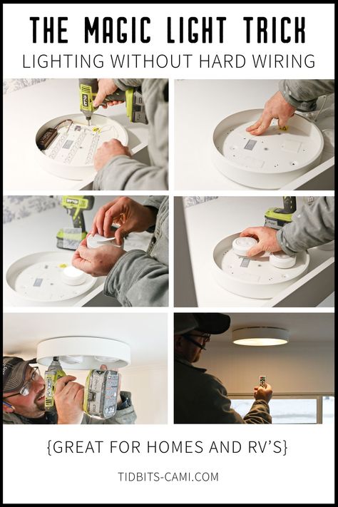 The Magic Light Trick! Get lighting where you want it, when you want it - all without hardwiring! Click for details and sources! Super great lighting hack, especially for RV's. #lightinghack #rvlighting #magiclighttrick #tinyliving #tinyhome #rvmakeover Rv Light Fixture Makeover, Rv Light Fixtures, Rv Lighting Fixtures, Magic Light Trick, Light Fixture Makeover, Fun Lighting, Lighting Hacks, Interior Light Fixtures, Rv Lighting