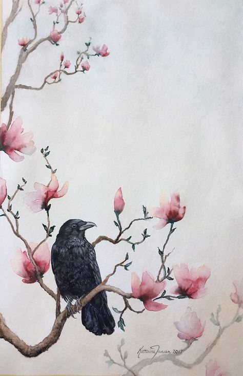 A Pretty Perch crow in the magnolia tree original watercolor painting by Katherine Jansen Watercolor Magnolia Tree, Chinese Magnolia Tattoo, Magnolia Branch Drawing, Watercolor Tree Branch, Magnolia Tree Tattoo Sleeve, Bird On Tree Drawing, Magnolia Tree Art, Japanese Magnolia Tattoo, Tree Branches Painting