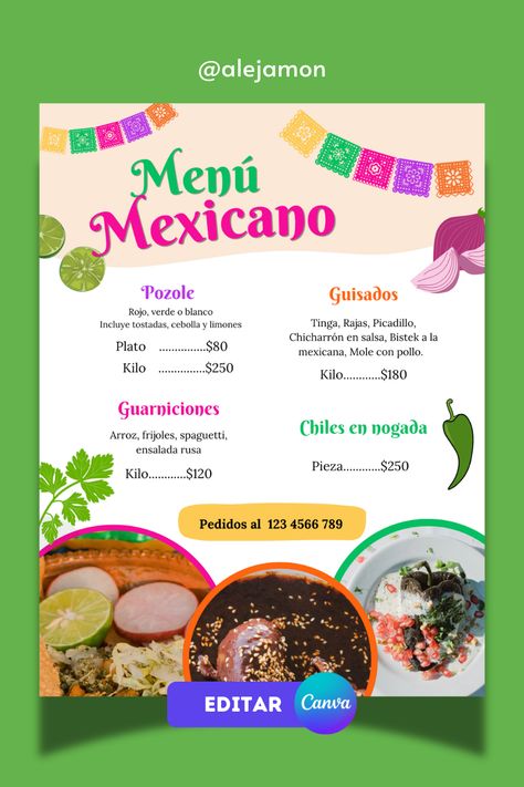 Diseño de plantilla de menú para restaurante de comida tradicional mexicana. Plantilla 100% editable en Canva para imprimir o en versión digital. Encuentra esta y cientos de plantillas más en mi perfil. Click para editar 👇 Taqueria Menu Ideas, Mexican Restaurant Menu Ideas, Mexican Menu Ideas Design, Mexican Food Poster Design, Mexican Menu Design Templates, Mexican Menu, Mexican Food Recipes