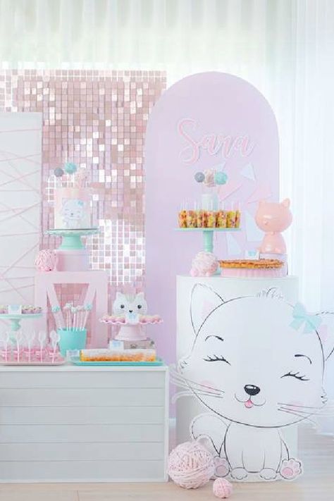 Don't miss this amazing cat-themed birthday party! Love the party decorations!! See more party ideas and share yours at CatchMyParty.com Cat Theme Birthday Backdrop, Cat Themed Backdrop, Cat Backdrop Party Ideas, Princess Cat Birthday Party, Cat Birthday Decor, Cat Decorations Party, Cat Decorations Birthday, Cat Birthday Party Ideas, Cat Theme Birthday Party