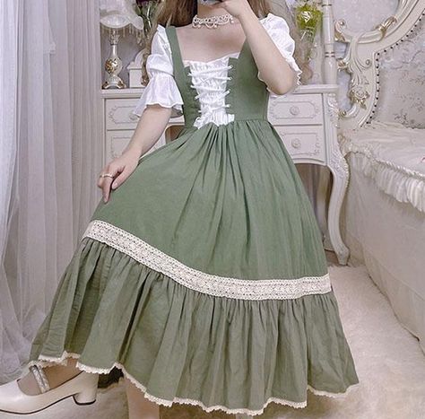 Fall Dress Casual, Casual Fall Dress, Retro Fairy, Gaun Abad Pertengahan, Lace Dress Outfit, Vintage Green Dress, Estilo Harajuku, Heavy Dresses, Cottagecore Outfits