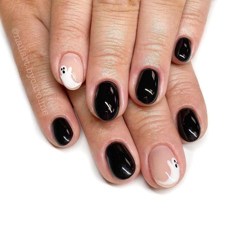 Black Ghost Nails Short, Black With Ghost Nails, Natural Nails Black Design, Matte Black Ghost Nails, Nude Halloween Nails Short, Tasteful Halloween Nails, Short Halloween Nail Designs Black, Really Short Halloween Nails, Short October Nails 2023