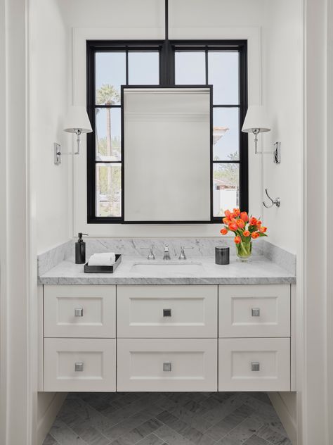 Custom steel mirror hanging in front of window in luxurious guest bathroom powder room #marble #hangingmirror #floatingvanity #luxuryhome #luxurybathroom @_integrateddesign_ @lissaleehickman 📸 @roehnerryan Vanity In Front Of Window, Luxury Powder Room, Master Bath Design, Small Bathroom Remodel Designs, Master Baths, Bathroom Master, House Bathrooms, Laundry Room Bathroom, Bath Mirror