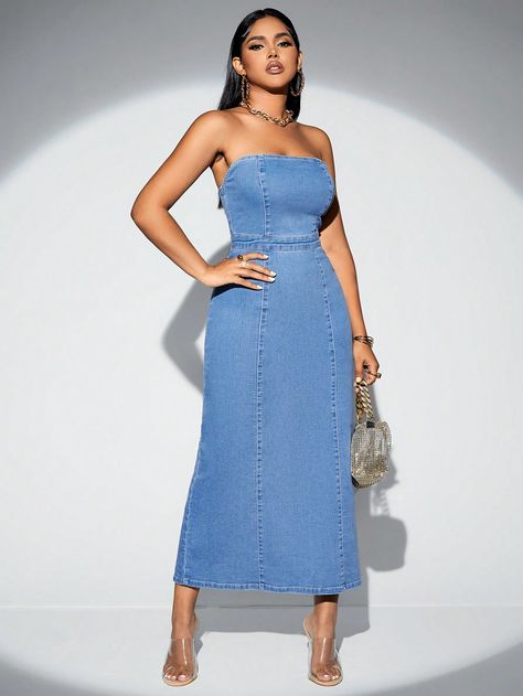 Medium Wash Casual Collar Sleeveless Denim Plain Fitted Embellished High Stretch  Women Clothing Women Denim Dresses, Womens Denim Dress, Denim Dresses, Dress P, Denim Women, Stretch Cotton, Denim Dress, Women Clothing, Split