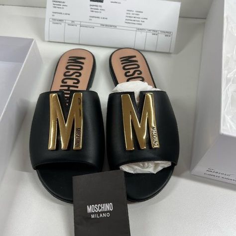 *MOSCHINO SLIDES* Very premium quality Size: 36 to 41 (3 to 7) Available in 6 colours *Price: 1399 only*...⁰⁰sd10 Moschino Slides, Slip On Sandal, Moschino, Slides, Premium Quality, Genuine Leather, Women Shoes, Sandals, Plus Fashion