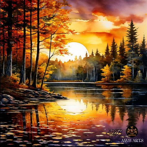 Step into the tranquil beauty of 'Twilight Reflection,' where the calm lake mirrors the vibrant hues of sunset amidst a serene forest backdrop. The shimmering highlights lend a touch of magic to the scene, inviting you to pause and find solace in the gentle interplay of light and shadow. How does this serene vista resonate with your moments of peace and reflection? #art #arte #forest #forestlake #lake #lakelife #sunset #watercolor #watercolour #painting #paintingsdaily #peace #artoftheday #ar... Forest Backdrop, Sunset Watercolor, Serene Forest, Watercolor Art Landscape, Reflection Art, Forest Backdrops, Picture Boards, Landscape Art Painting, Art Gold