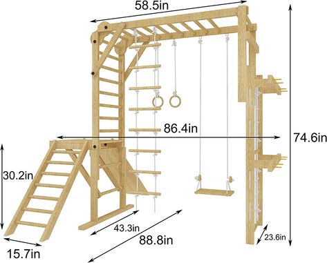 Amazon.com: Avenlur Indoor Jungle Gym Playground Wood PlaySet with Monkey Bars and Rope Wall Net, Toddler and Kids Adventure, Ladder, Climber, Slide, Ring Set Play Structure Ages 2 - 11 (Large, Natural Wood) : Toys & Games