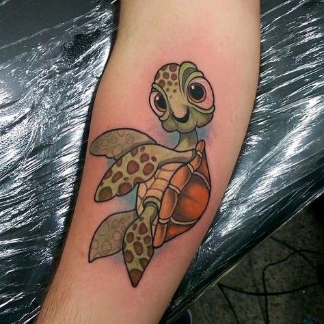 Squirt Tattoo From Finding Nemo Movie Finding Nemo Tattoo, Dory Tattoo, Nemo Tattoo, Maori Tattoo Meanings, Nemo Movie, Finding Nemo Movie, Swimming Tattoos, Left Arm Tattoos, Disney Sleeve