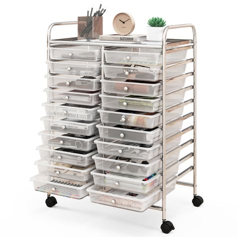 PRICES MAY VARY. Spacious Storage Space: With 20 drawers and 1 additional organizer top, this rolling storage cart allows you to put different belongings with ease, such as cosmetics, tools, papers, clothes, towels and kitchen supplies, etc. And the round knob on each drawers is convenient for you to open. Effortless Mobility: Designed with 4 smooth wheels which can be rotated 360 degrees, this home office storage organizer is easy to move wherever you want and avoids disturbing you and your fam Bathroom Cart, Rolling Drawers, Drawer Cart, Cart On Wheels, Craft Organizer, School Storage, Organization Cart, Craft Cart, Teacher Office