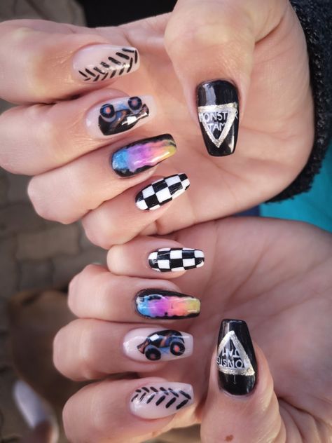 Dirt Bike Nails Designs, Monster Truck Nail Designs, Monster Jam Nail Designs, Monster Jam Nails, Monster Truck Nails, Truck Nails, Monster Nails, Monster Truck Birthday, Nail Art Designs Videos