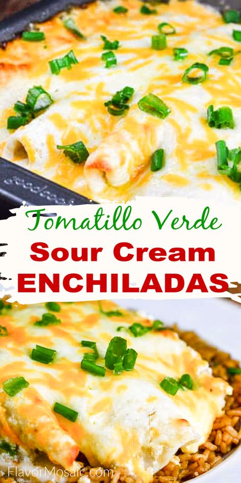 Chicken Enchiladas with a fabulous creamy tomatillo verde enchilada sauce! Seasoned chicken with cheese, and this out of this world tomatillo sauce will make these creamy, cheesy enchiladas your new favorite Mexican dinner! Enchiladas With Tomatillo Sauce, Chicken Enchiladas With Tomatillo Sauce, Tomatillo Verde, Sour Cream Chicken Enchilada Recipe With Corn Tortillas, Chicken Enchiladas With Green Sauce Corn Tortillas, Green Chili Chicken Enchiladas Corn Tortillas, Sour Cream Chicken Enchilada Recipe, Tomatillo Chicken, Sour Cream Enchiladas