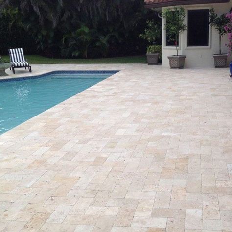 Summer is on its way here in #Florida! 🌞 Make sure your pool deck is ready. Our 9-step cleaning and sealing process will clean your #pooldeck and protect it from the elements! 🧼🛡️ Schedule your #cleaningandsealing services with our crew today! 🤳 (561) 468-3713 Travertine Pool Decking, Travertine Patio, Ivory Travertine, Deck Cleaning, Travertine Pavers, Travertine Pool, Tiles Designs, Travertine Wall Tiles, Exterior Wall Tiles