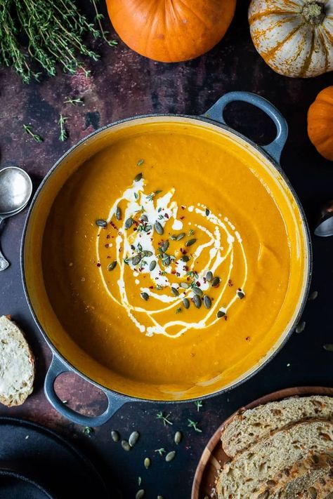 Carrot Pumpkin, Root Vegetable Soup, Carrot And Coriander Soup, Vegan Pumpkin Soup, Spiced Carrots, Pumpkin Soup Recipe, Vegan Soup Recipes, Carrot Soup, Vegan Pumpkin