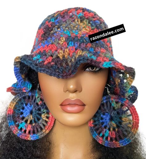 Cute hat alert 😍 Fits snug and stretches to  the size of your head  Acrylic yarn  Earrings in photo are approx 4 inches in diameter  Please note that photos are of a mannequin. Your fit will vary depending on the size of your head. "Man looks at the outward appearance, but the Lord looks at the heart" 1Samuel 16:7  Thanks for looking! Thanks for looking! Crochet Bra Pattern, Yarn Earrings, Hats Ideas, Crocheted Blankets, Funky Hats, Monogram Hats, Crochet Bra, Crochet Hat Free, Crochet Bucket