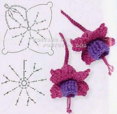 Crochet charts Corak Krusye, Crochet Puff Flower, Fuchsia Flower, Crocheted Flowers, Crochet Plant, Crochet Leaves, Knitted Flowers, Crochet Flower Tutorial, Crochet Diy