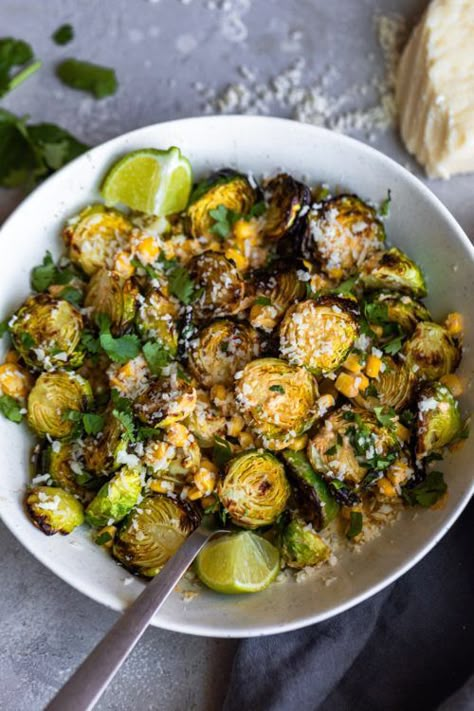 Mexican Street Corn Brussels Sprouts - Dash of Mandi Steak Side Dishes, Side Dishes For Chicken, Joe Recipe, Mexican Street Corn, Sprout Recipes, Brussels Sprouts Recipe, Street Corn, Taco Night, Mexican Street