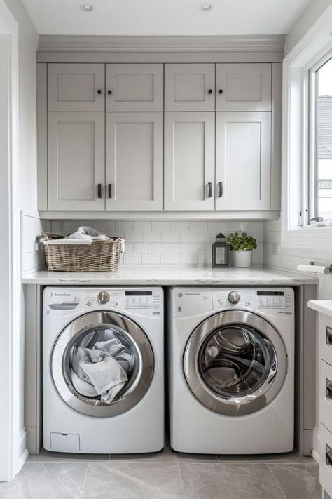 Small Laundry Room With Cabinets, Laundry Room Built Ins, Laundry Room Cupboards, Laundry Room Closet Ideas, Elegant Laundry Room, Laundry Room Design Ideas, Stacked Laundry Room, 1920s Bungalow, Small Laundry Room Ideas