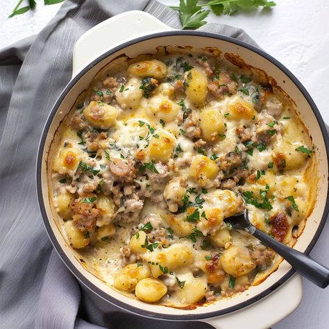 Baked Gnocchi with Sausage - Recipes, Tasks & Tools Creamy Sausage Gnocchi Recipes, Ground Sausage Gnocchi Recipes, Gnocci Meals Italian Sausage, Sauteed Gnocchi Recipes, Pizza Gnocchi Bake, Italian Sausage And Gnocchi Recipes, Sausage Gnocchi Recipes, Gnocchi Sausage Recipes, Ground Beef Gnocchi Recipes