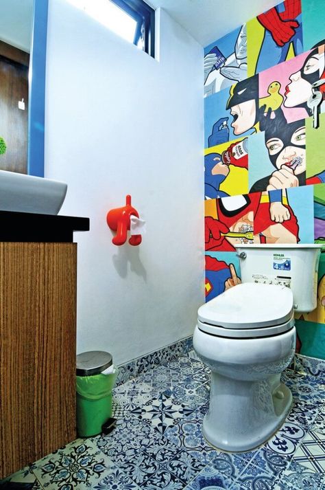 Kids Bathroom Décor Tips: 45 Decorating Ideas for a Child’s Bathroom Bright Colored Bathrooms, Pop Art Bathroom, Superhero Bathroom, Kid Bathroom Decor, Decorating Bathroom, Art Theme, Art Bathroom, Simple Bathroom, Bathroom Wallpaper