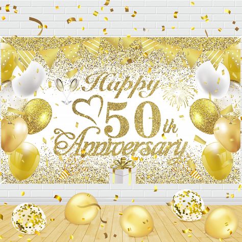 PRICES MAY VARY. ✨[50th Wedding Anniversary Banner]-Happy 50th Anniversary Banner is designed in gold and white color, printed with love-heart pattern, fireworks, balloons pattern, and an eye-catching ‘’Happy 50th Anniversary'' words. It would be an impressive decoration for a 50th wedding anniversary party ✨[Large 50th Anniversary Banner]-Large white gold happy 50th anniversary banner measures 185*110cm/72.8*43.3 inches, quite suitable as a photography backdrop background, and prop or tableclot Happy Easter Clip Art, Wedding Anniversary Banner, Golden Wedding Anniversary Party, 50th Year Wedding Anniversary, 50th Wedding Anniversary Decorations, Wedding Anniversary Party Decorations, 50th Anniversary Decorations, Happy 50th Anniversary, 50 Golden Wedding Anniversary