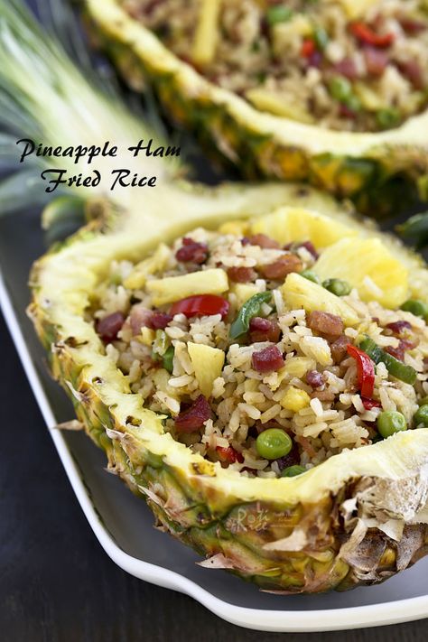 Pineapple Pork Fried Rice, Spam Pineapple Fried Rice, Ham Pineapple Fried Rice, Stuffed Pineapple, Thai Pineapple Fried Rice Recipe, Pineapple Boats, Ham And Pineapple, Thai Pineapple Fried Rice, Ham Fried Rice