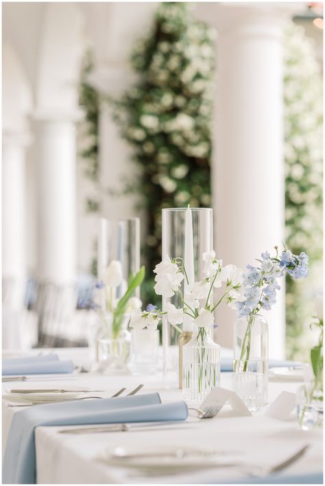 Blues And White Wedding, Minimalist Blue Wedding, Blue And White Theme Wedding, Blue And White Wedding Table Settings, White And Blue Wedding Decor, Coastal Grandma Wedding Aesthetic, Spring Coastal Wedding, Blue White Wedding Centerpieces, Blue And White Florals