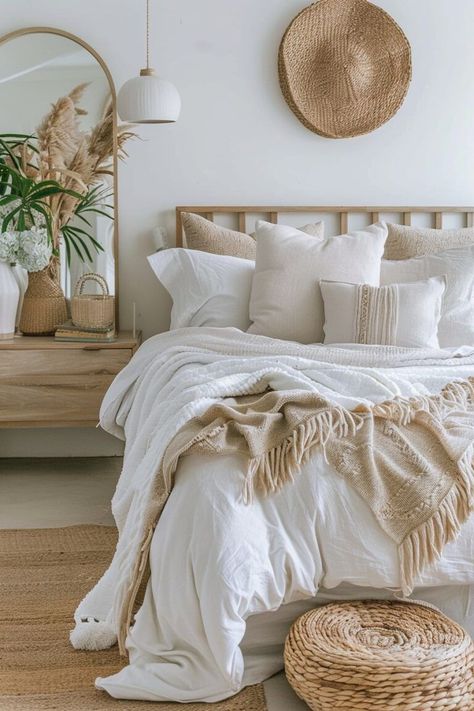 Coastal Bedroom Interior, Coastal Boho Interior, Cozy Coastal Bedroom, Coastal Boho Bedroom, Bedroom Interior Ideas, Minimal Bedroom Ideas, Boho Coastal Bedroom, Coastal Style Bedroom, Rattan Bed Frame