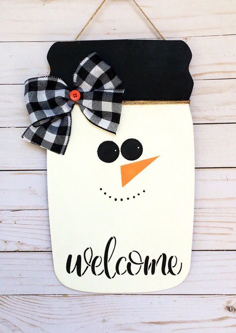 A personal favorite from my Etsy shop https://www.etsy.com/listing/641014010/snowman-door-hanger-mason-jar-door Mason Jar Lid Christmas Tree Door Hanger, Wood Mason Jar Sign Christmas, Mason Jar Cutouts Ideas, Dollar Tree Mason Jar Sign Diy, Mason Jar Door Hanger Ideas, Mason Jar Signs, Sleep Salve, Triangle Nose, Snowman Mason Jar