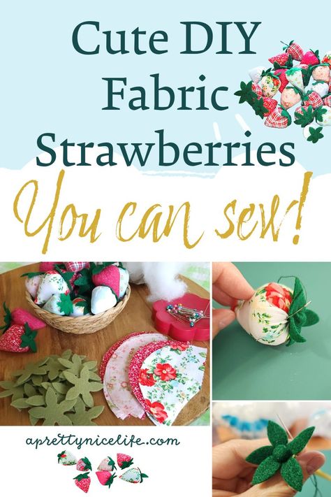 Fabric strawberry pattern easy tutorial - A Pretty Nice Life Diy Bowl Fillers, Strawberry Bowl, Mason Jar Cards, Nice Life, Scrap Busters, Strawberry Pattern, Spring Fun, Wooden Pencil, Beginner Sewing