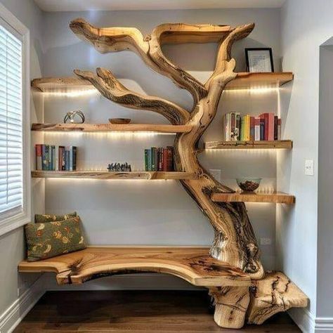 Tree Corner Bookshelf, Modernize Old Home, Corner Bookshelf Diy, Bookshelves Tree, Diy Wooden Bookshelf, Wooden Book Shelves, Bookshelf Tree, Tre Kunst, Tree Bookshelf