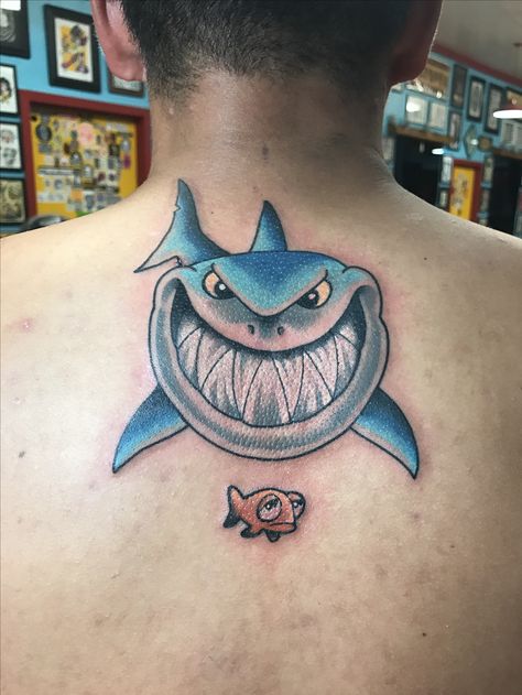 My first cartoon great white shark tattoo with scaredy fish Cartoon Shark Tattoo, White Shark Tattoo, Great White Shark Tattoo, Animated Shark, Origami Shark, Sharks Scary, Origami Tattoo, Tattoo Beautiful, Beautiful Origami