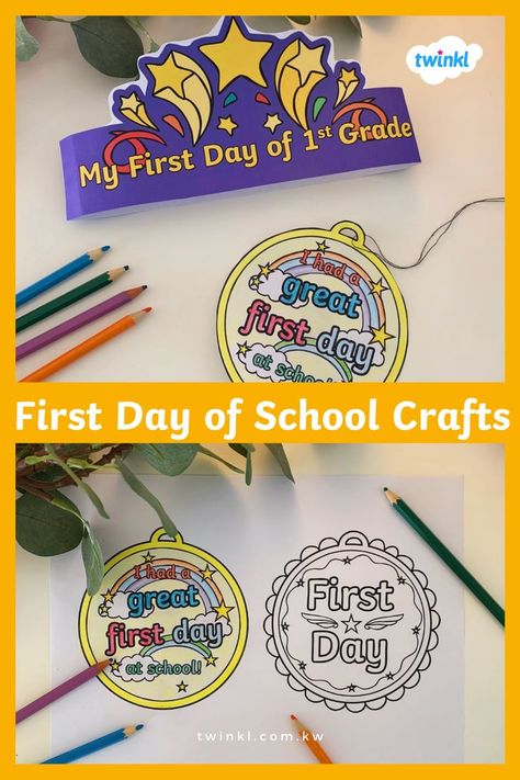 Have fun making one of these two crafts for the first day of school! These back to school crafts are colourful and engaging - perfect for primary or early years students! Make back to school fun using our colourful medal or our first day of school head band! Explore these eyfs crafts. #backtoschool #firstdayofschool #crafts #activitiesforkids Eyfs Crafts, First Day Of School Crafts, First Day Back To School, Crafts And Activities For Kids, Colorful Headbands, First Day School, Back To School Crafts, 1st Day Of School, 1st Day