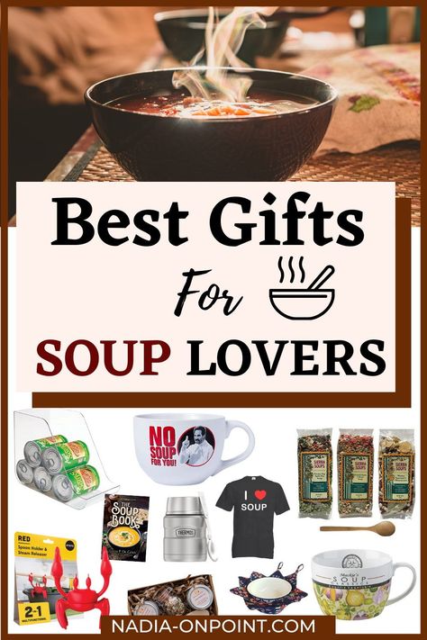 Trendy Gift Guides and Ideas! Here are some of the Best Gifts for Soup Lovers! Surprise the foodie in you life with these soup lovers gift. soup lovers gift basket | gift ideas for soup lovers | meat soup lovers | spaghetti soup lovers. #soup #gifts #giftideas #foodie Soup Mug Gift Ideas, Spaghetti Soup, Soup Gifts, Meat Soup, Christmas Soup, Basket Gift Ideas, Soup Lovers, Spice Gift Set, Theme Baskets