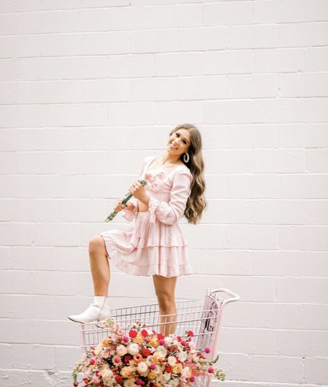 Trolley Photoshoot, Shopping Cart Photoshoot, Pink Shopping Cart, Cart Photoshoot, Floral Cart, Retro Wedding Theme, Flower Chair, Creative Photoshoots, Pink Shopping